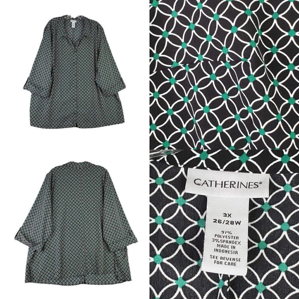 Catherines Tunic Shirt Womens Size 3X Geometric LS Black Green Button Up
